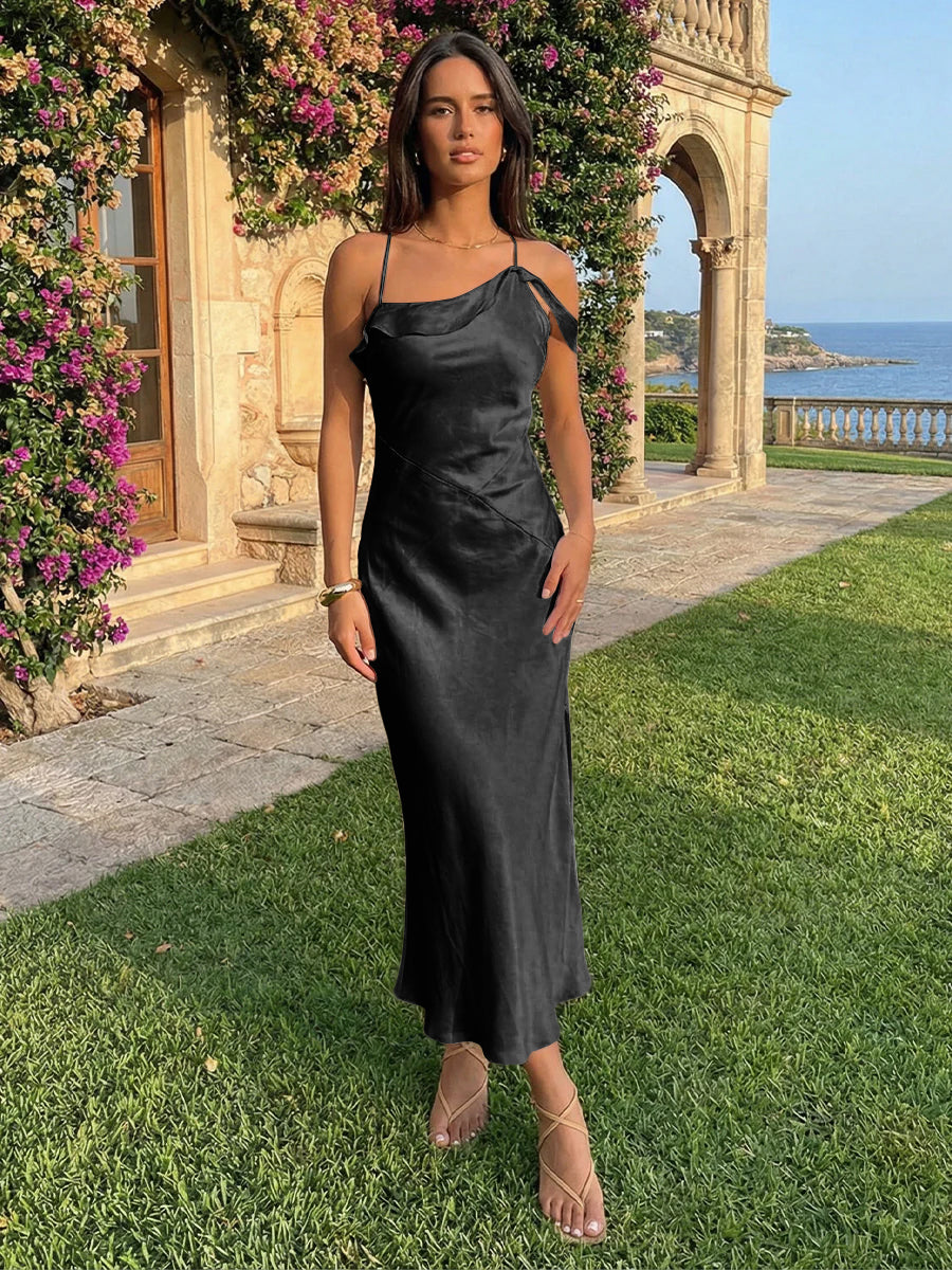 Spaghetti Straps Satin Sheath Wedding Guest Dress