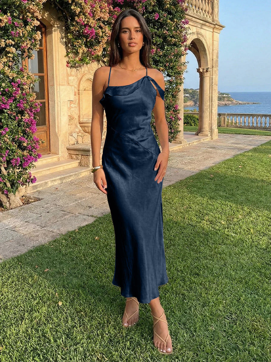 Spaghetti Straps Satin Sheath Wedding Guest Dress