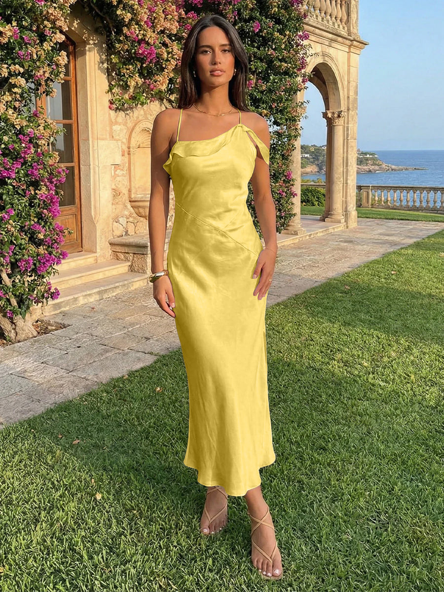 Spaghetti Straps Satin Sheath Wedding Guest Dress