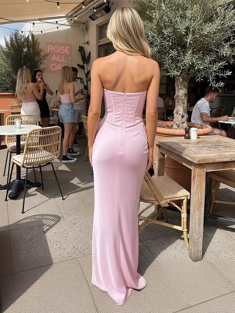 mermaid style wedding guest dress 2026 Wedding Guest Dresses Lace Floral Light Pink Satin Mermaid Strapless Pleats Long Prom Formal Evening Dresses