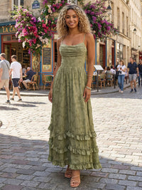 Floral Burnout A Line Spaghetti Straps Ruffles Wedding Guest Dresses