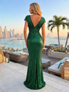 Sequin Mermaid V Neck Pleated Evening Gown Long Formal Dresses