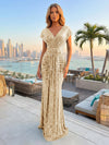 Sequin Mermaid V Neck Pleated Evening Gown Long Formal Dresses