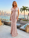 Sequin Mermaid V Neck Pleated Evening Gown Long Formal Dresses