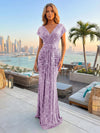 Sequin Mermaid V Neck Pleated Evening Gown Long Formal Dresses