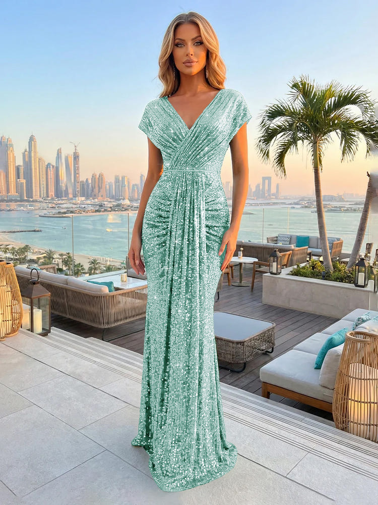 Sequin Mermaid V Neck Pleated Evening Gown Long Formal Dresses