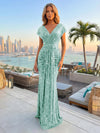 Sequin Mermaid V Neck Pleated Evening Gown Long Formal Dresses