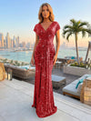 Sequin Mermaid V Neck Pleated Evening Gown Long Formal Dresses