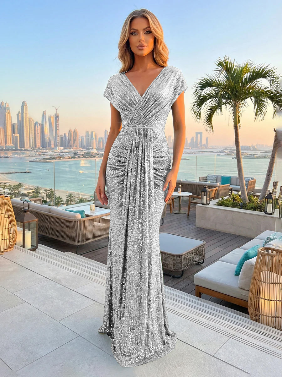 Sequin Mermaid V Neck Pleated Evening Gown Long Formal Dresses