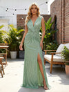 Sequin V Neck Sheath Twisted Pleated Evening Dresses with Slit