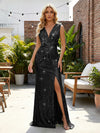 Sequin V Neck Sheath Twisted Pleated Evening Dresses with Slit