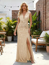Sequin V Neck Sheath Twisted Pleated Evening Dresses with Slit