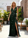 Sequin V Neck Sheath Twisted Pleated Evening Dresses with Slit