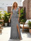 Sequin V Neck Sheath Twisted Pleated Evening Dresses with Slit