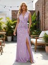 Sequin V Neck Sheath Twisted Pleated Evening Dresses with Slit