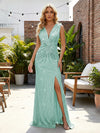 Sequin V Neck Sheath Twisted Pleated Evening Dresses with Slit