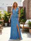 Sequin V Neck Sheath Twisted Pleated Evening Dresses with Slit