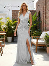 Sequin V Neck Sheath Twisted Pleated Evening Dresses with Slit