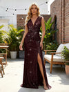 Sequin V Neck Sheath Twisted Pleated Evening Dresses with Slit