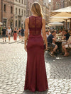 Satin Mermaid Crew Neck Lace Formal Dresses