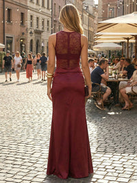 Satin Mermaid Crew Neck Lace Formal Dresses