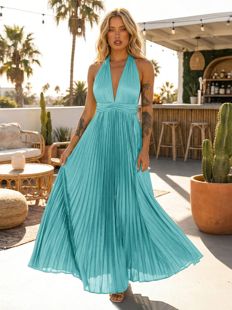 Gracins Light Blue A Line Chiffon V Neck Long Pleated Formal Dresses 2026