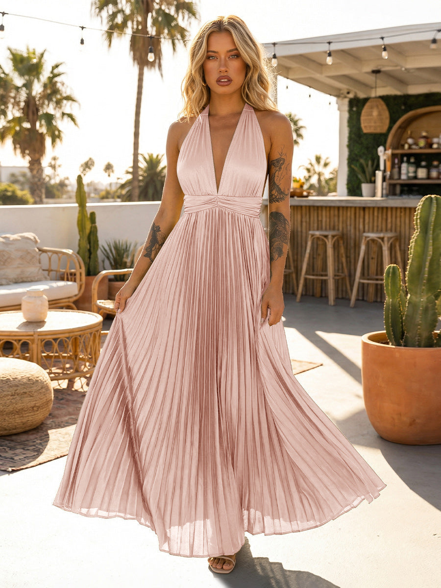 A Line Chiffon V Neck Long Pleated Formal Dresses