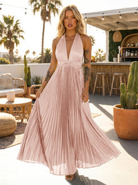A Line Chiffon V Neck Long Pleated Formal Dresses