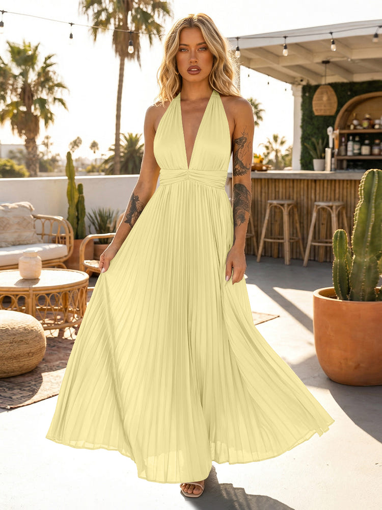 A Line Satin V Neck Long Pleated Formal Dresses