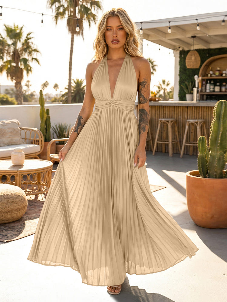 A Line Satin V Neck Long Pleated Formal Dresses