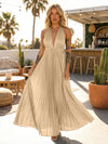 A Line Satin V Neck Long Pleated Formal Dresses