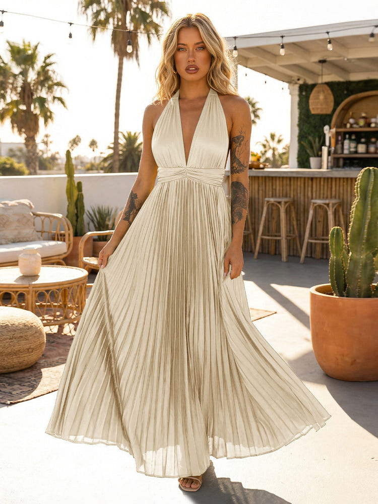 A Line Chiffon V Neck Long Pleated Formal Dresses