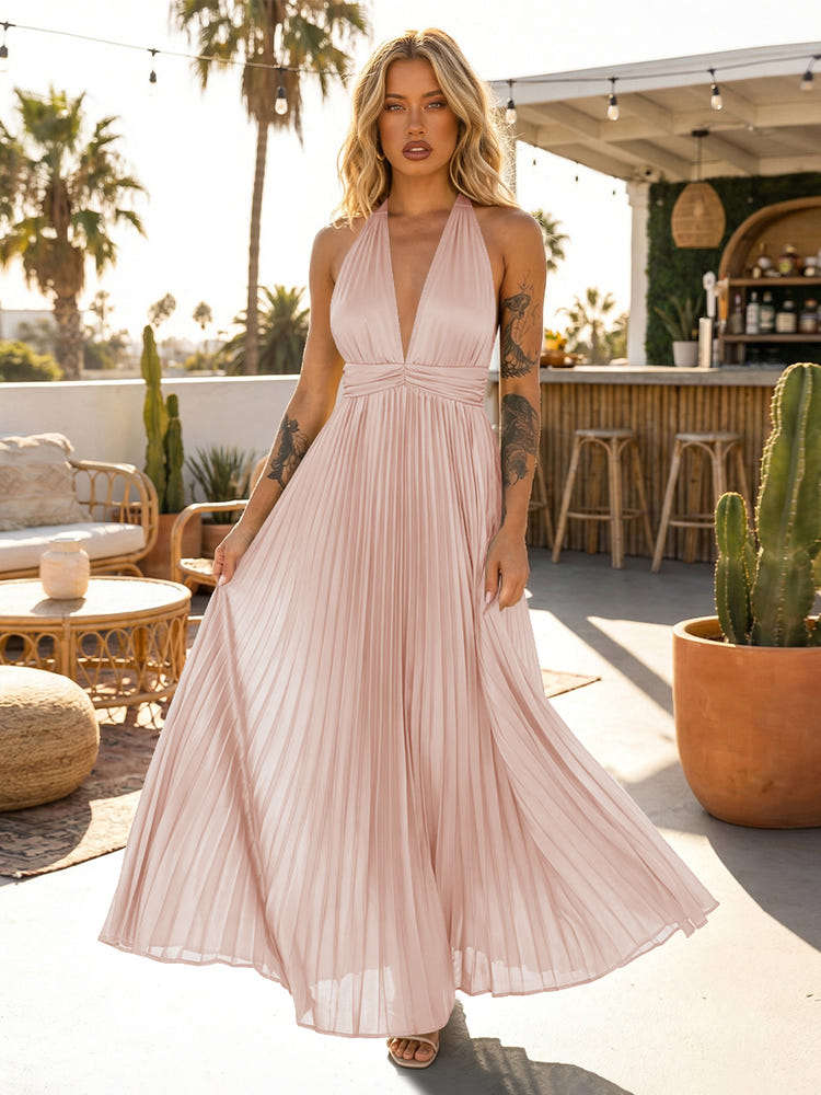 A Line Satin V Neck Long Pleated Formal Dresses