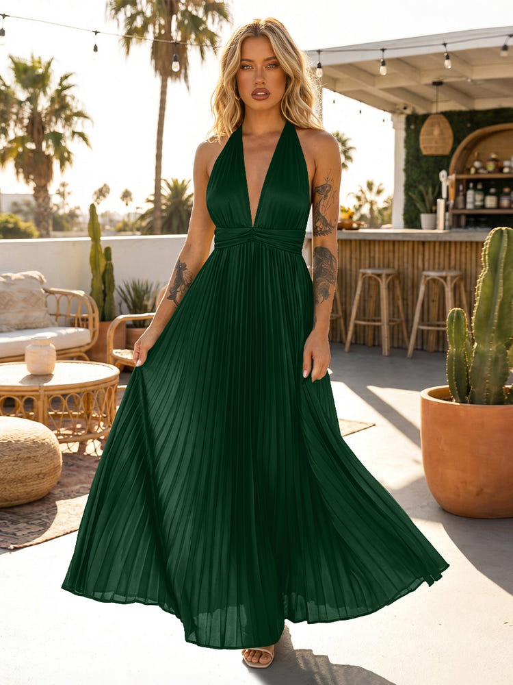 A Line Satin V Neck Long Pleated Formal Dresses