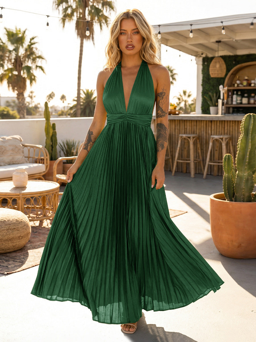 A Line Chiffon V Neck Long Pleated Formal Dresses