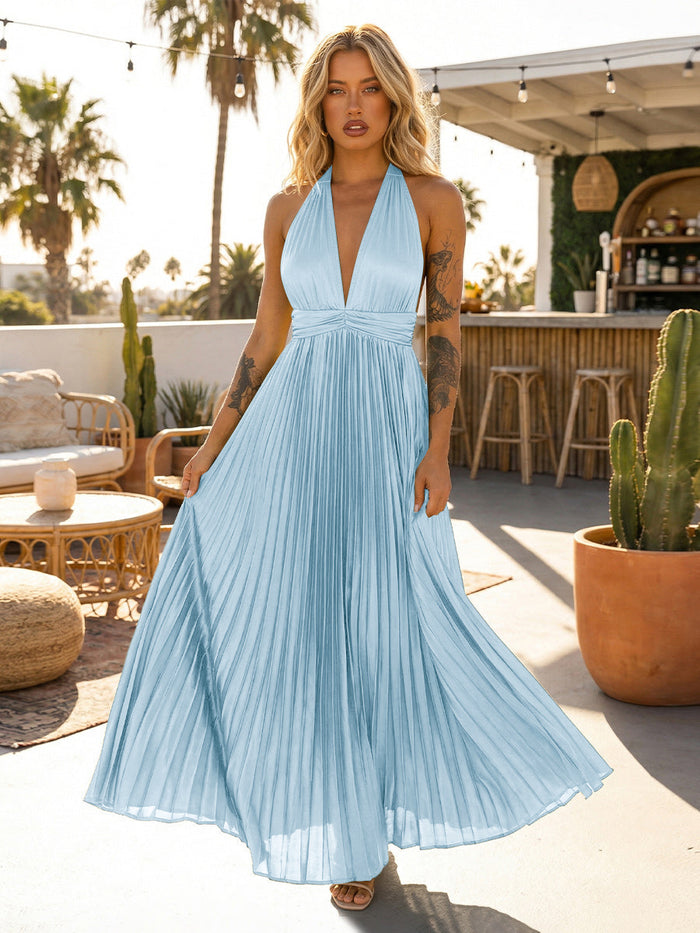 A Line Chiffon V Neck Long Pleated Formal Dresses