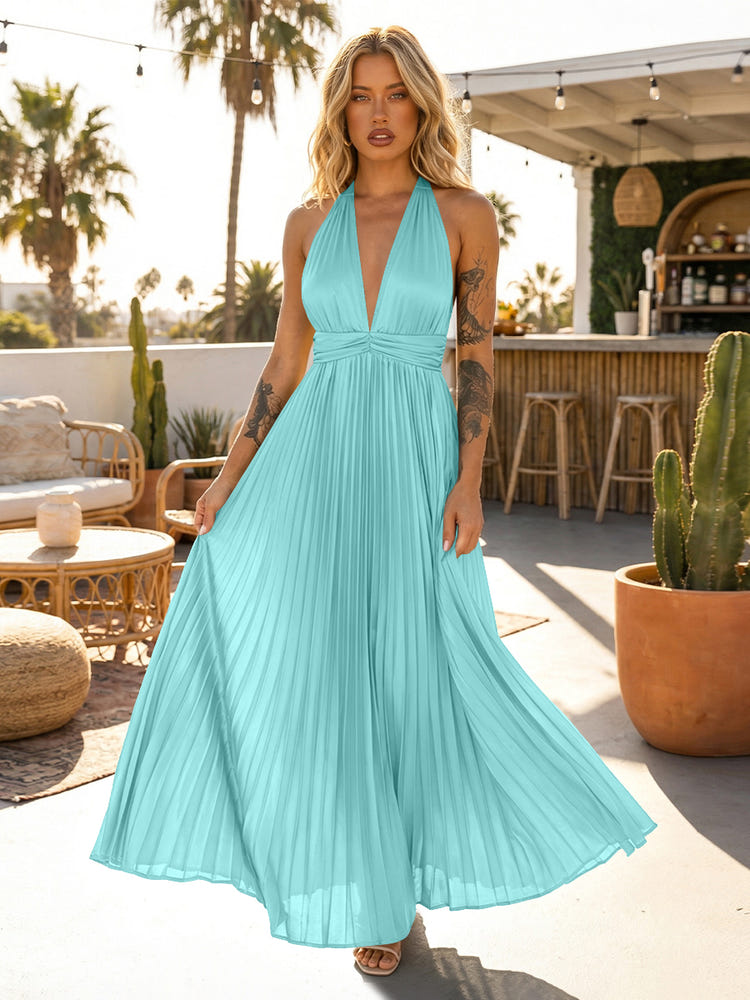 A Line Satin V Neck Long Pleated Formal Dresses