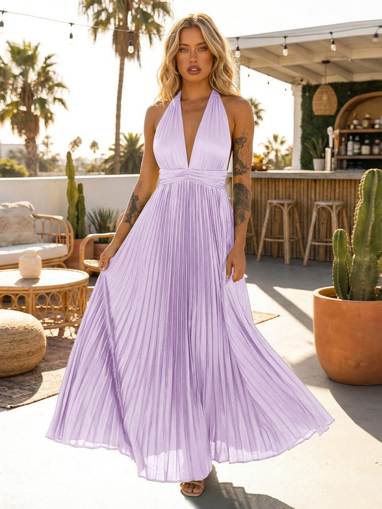 A Line Chiffon V Neck Long Pleated Formal Dresses