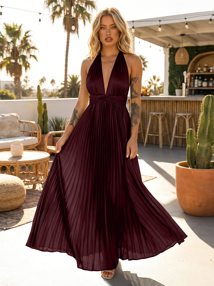 A Line Satin V Neck Long Pleated Formal Dresses