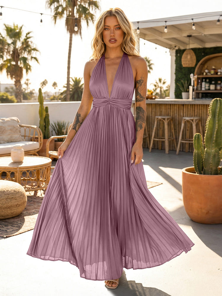 A Line Satin V Neck Long Pleated Formal Dresses