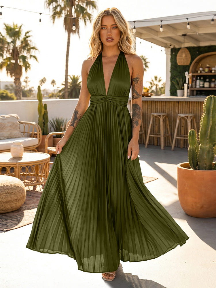 A Line Satin V Neck Long Pleated Formal Dresses