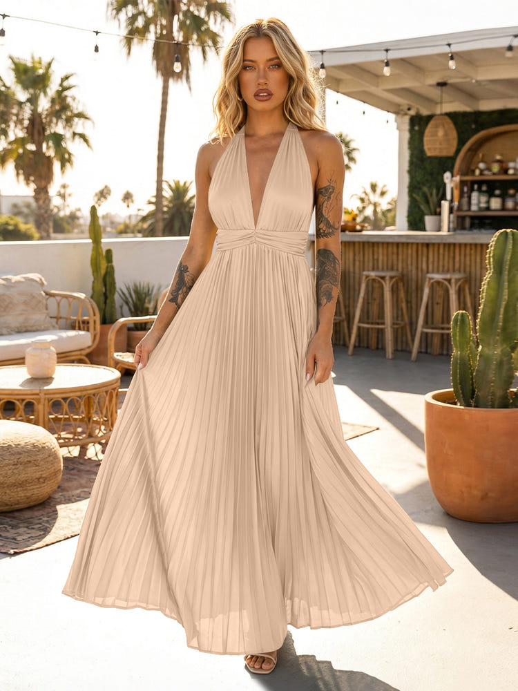 A Line Satin V Neck Long Pleated Formal Dresses