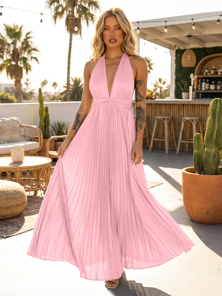 A Line Satin V Neck Long Pleated Formal Dresses