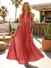 A Line Satin V Neck Long Pleated Formal Dresses