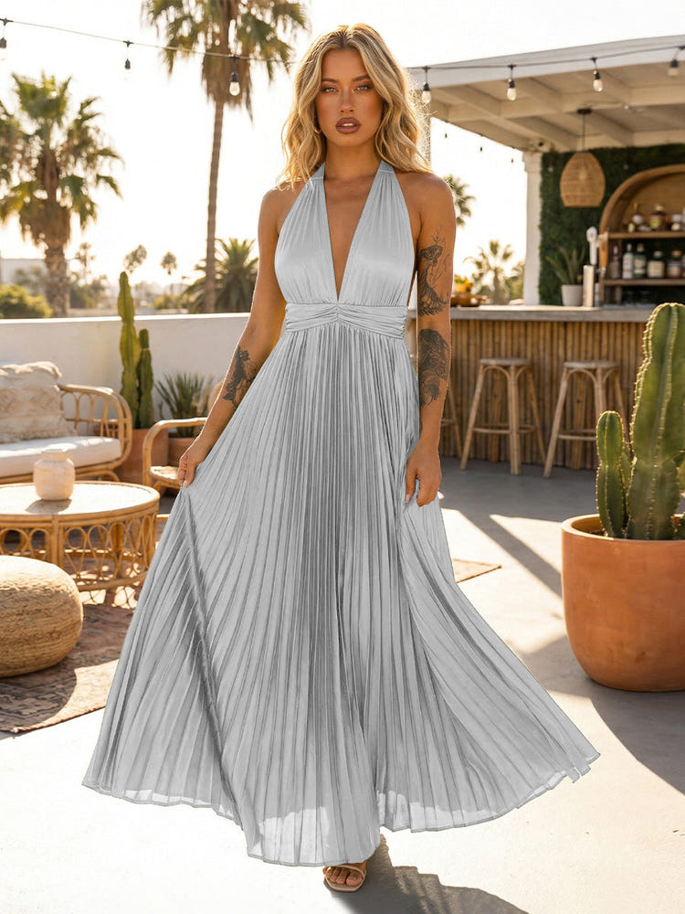 A Line Chiffon V Neck Long Pleated Formal Dresses