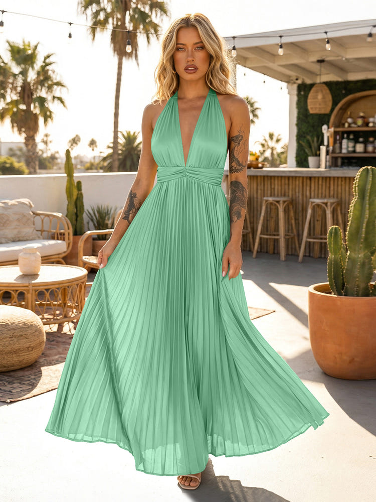 A Line Satin V Neck Long Pleated Formal Dresses