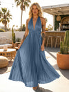 A Line Satin V Neck Long Pleated Formal Dresses