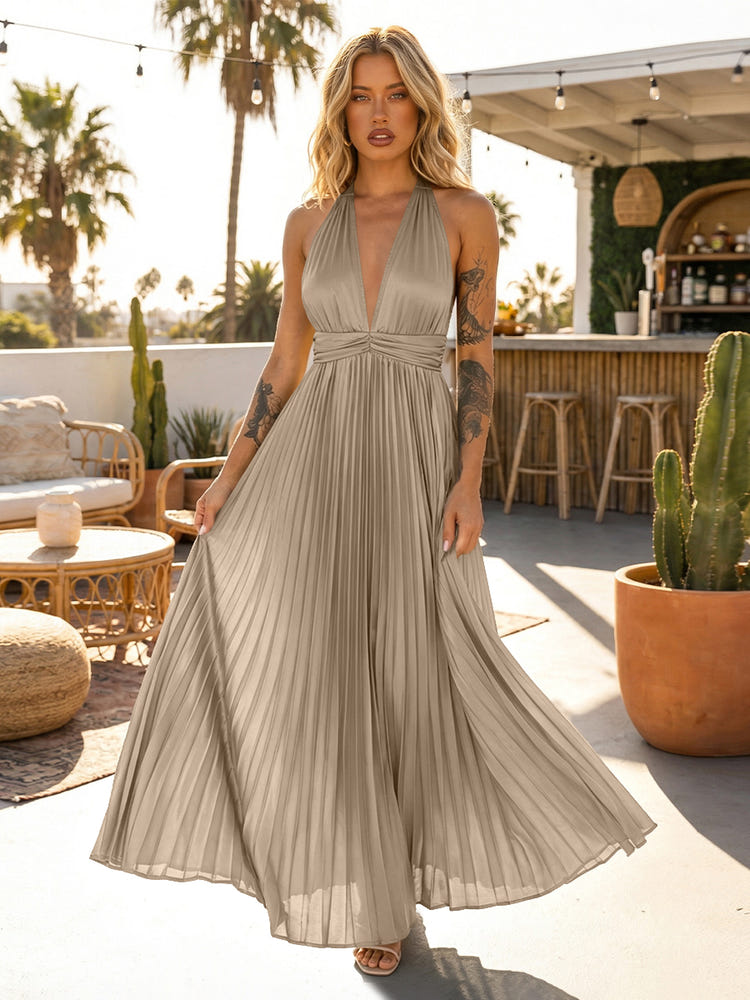 A Line Satin V Neck Long Pleated Formal Dresses