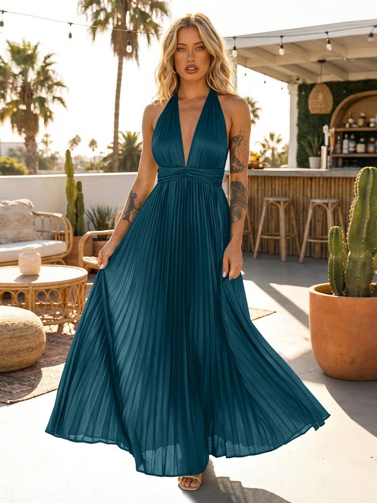 A Line Satin V Neck Long Pleated Formal Dresses