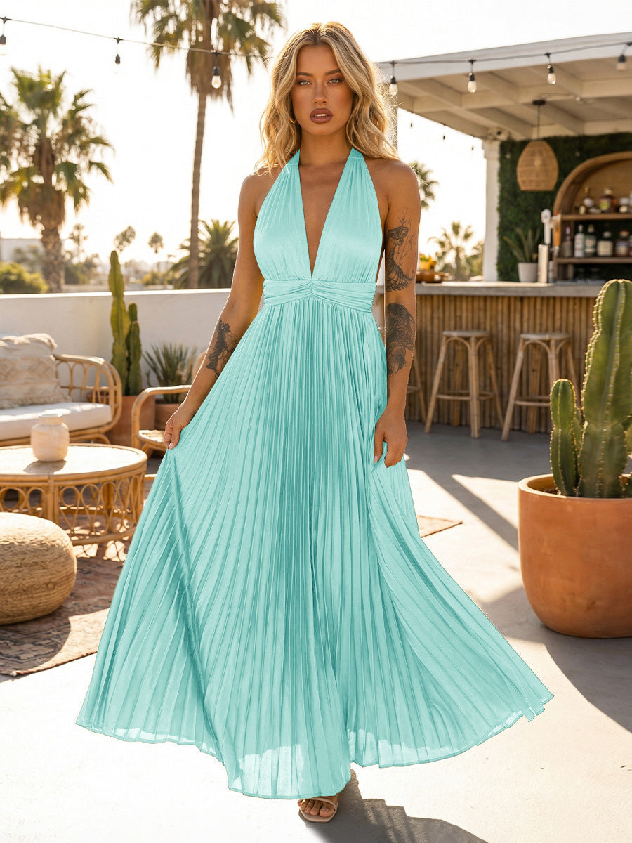 A Line Chiffon V Neck Long Pleated Formal Dresses